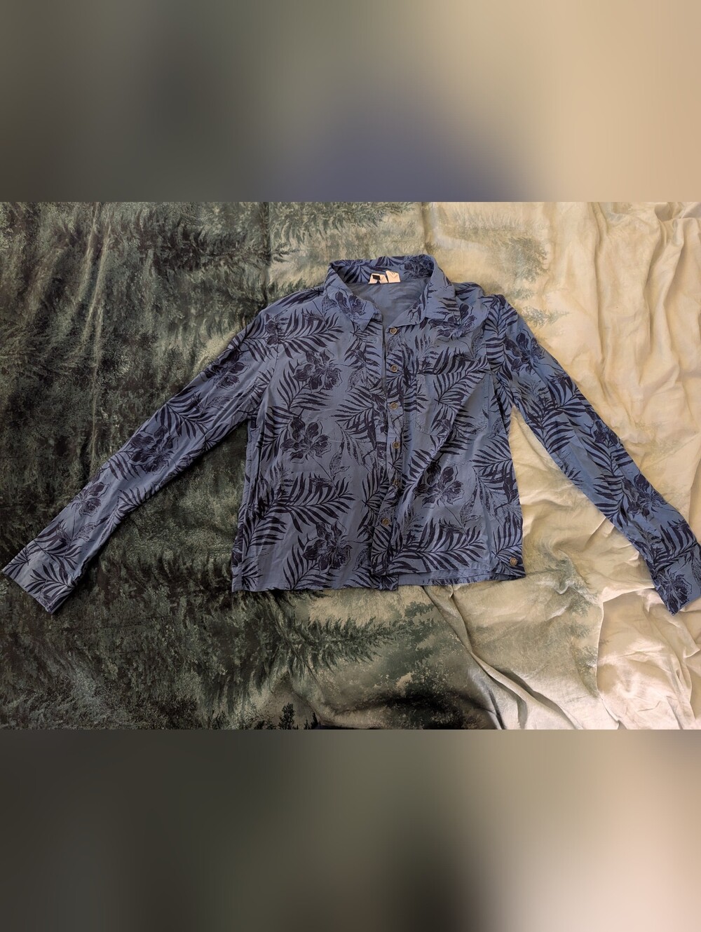 Women's Blue Tropical Print Button-Up Shirt Jacket